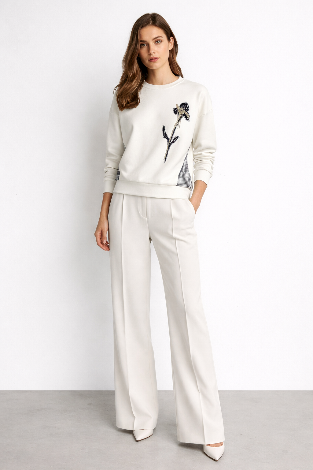 Fuat Gürşen 5366 Yanları Çizgi Garnili Taş İşlemeli Bluz - Ekru