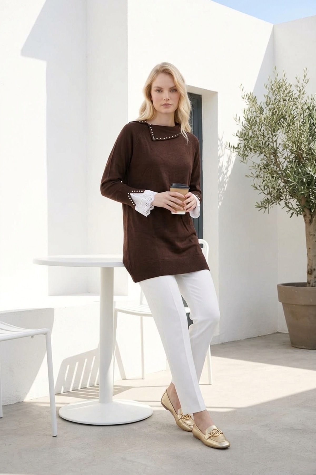 İnci ve Dantel Detaylı Tunik 146004 Kahve Tunik NEFİSE 