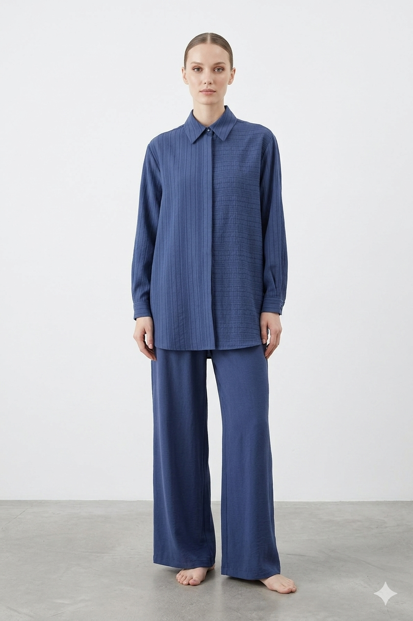 Nuss 1055 Kendinden Çizgili Pantolonlu Takım - Lacivert