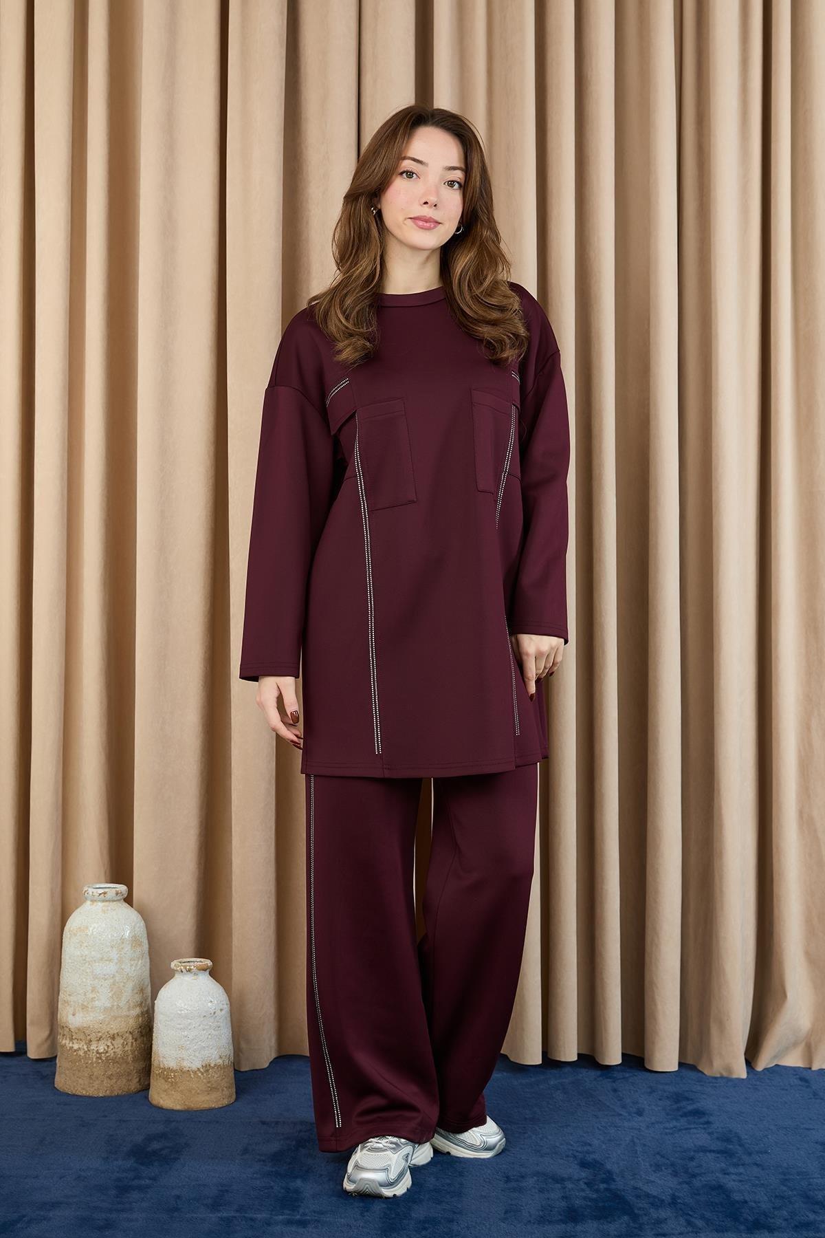 Taş Şerit Aksesuarlı Pantolonlu Takım 14379 - Burgundy