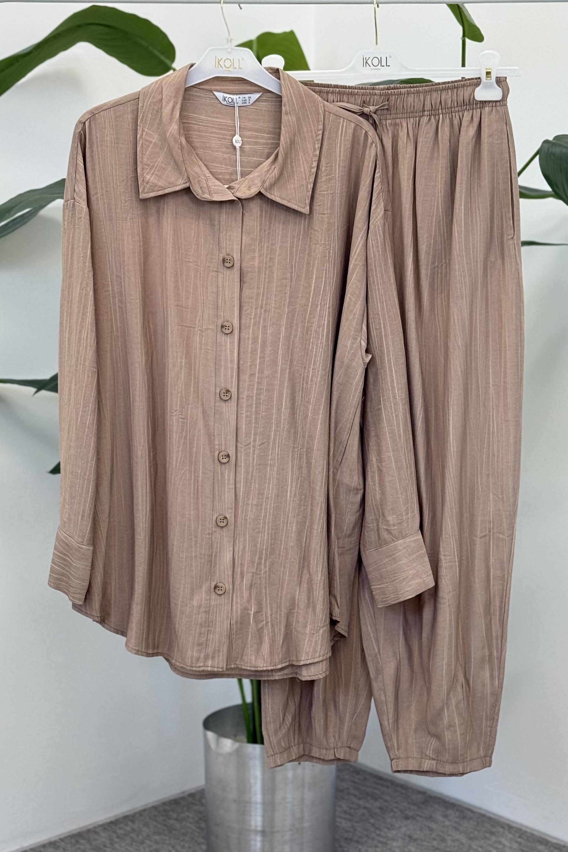 Oversize Gömlekli Konik Pantolonlu Takım 0034236 - Toprak