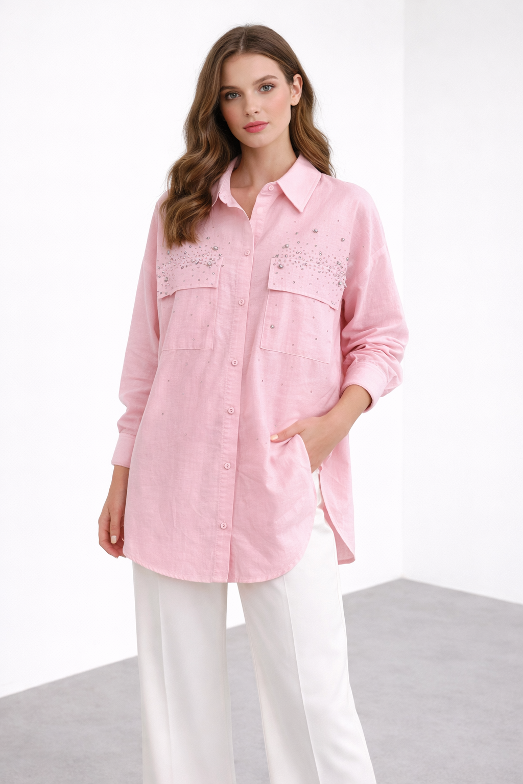 Cep Taş Süslemeli Gömlek 0036905 - Pembe