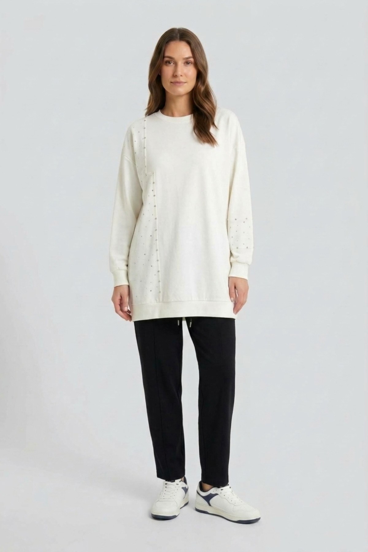 Parçalı Taşlı S-Shırt 0034850 Ekru Tunik İKOLL 