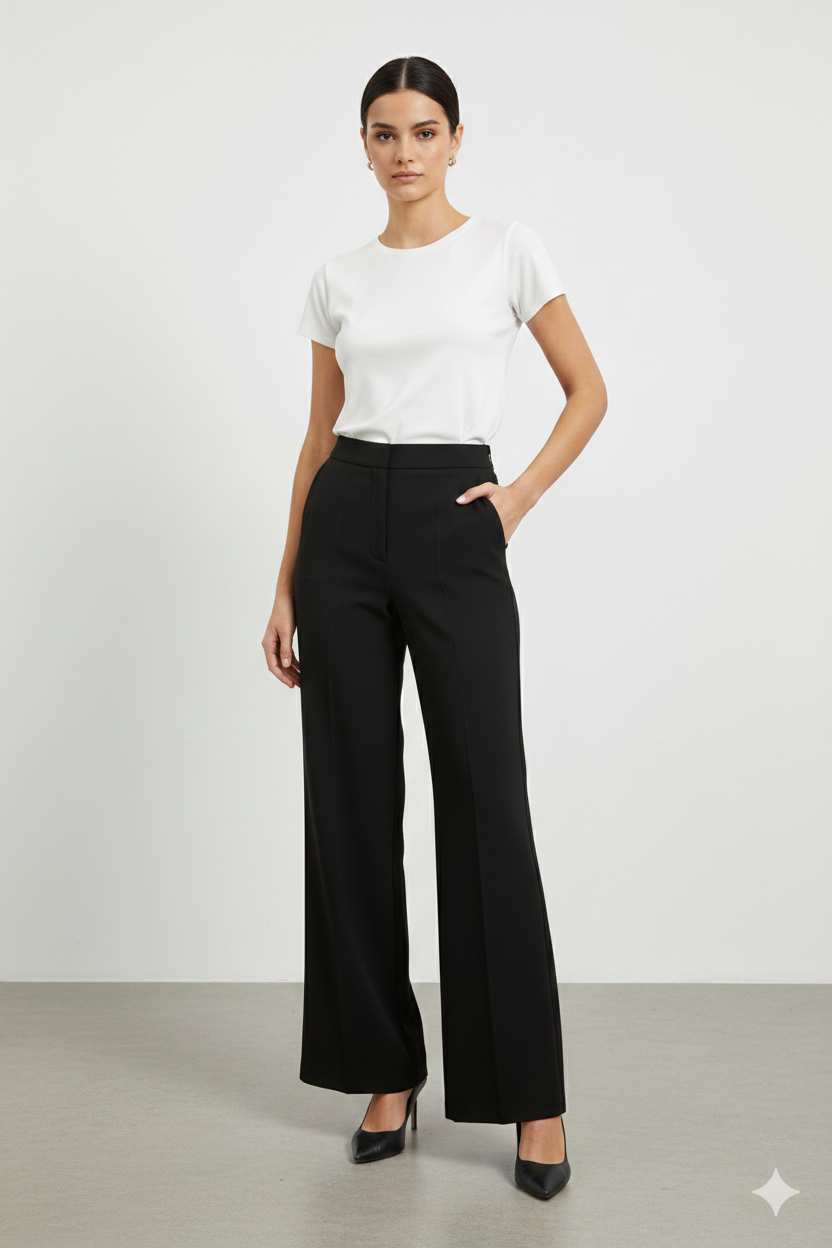 Sentez 5598 Yüksel Bel İspanyol Paça Kumaş Pantolon - Siyah