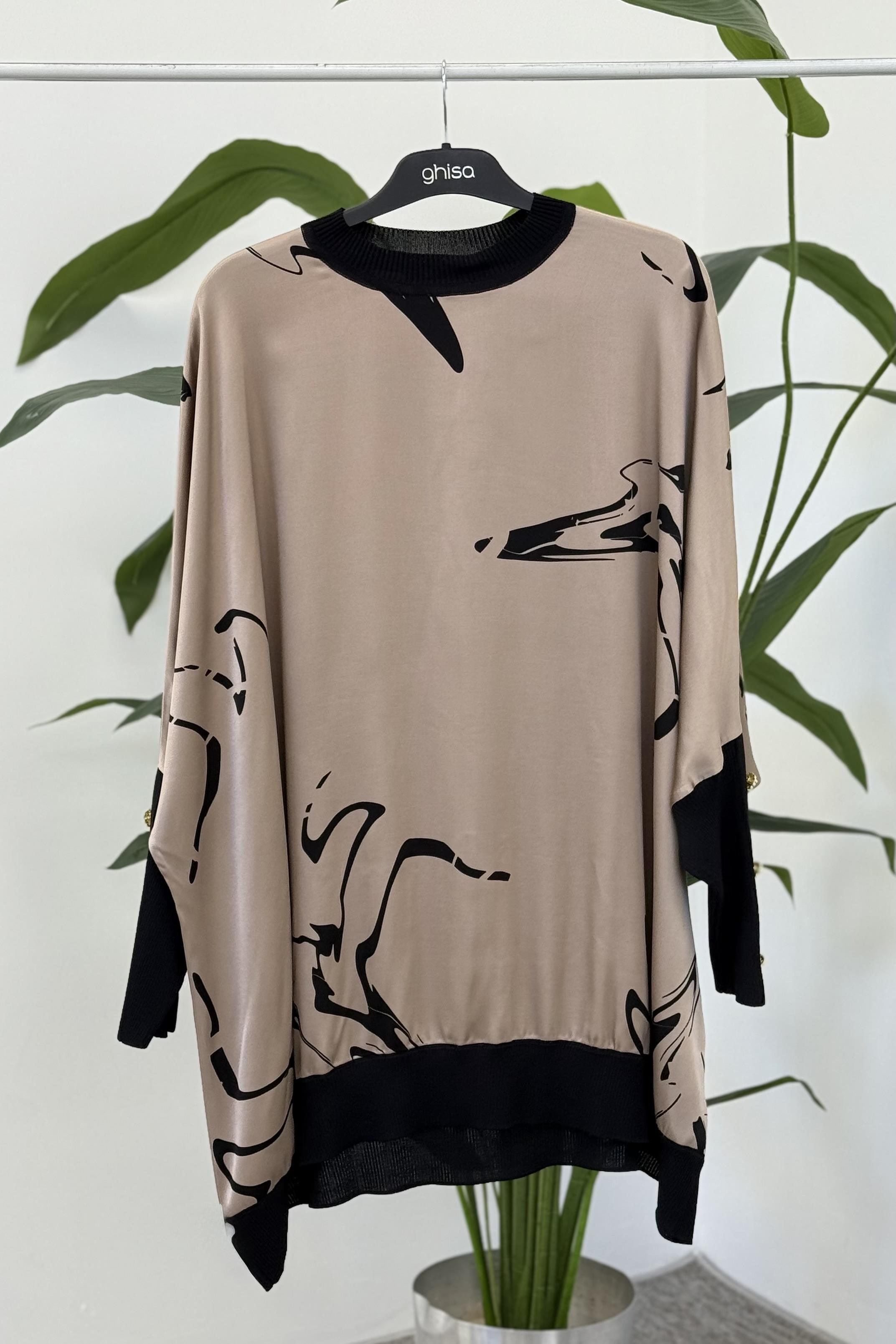 Ghisa 4016 Tunik - Bej Siyah - Çizgi Desen