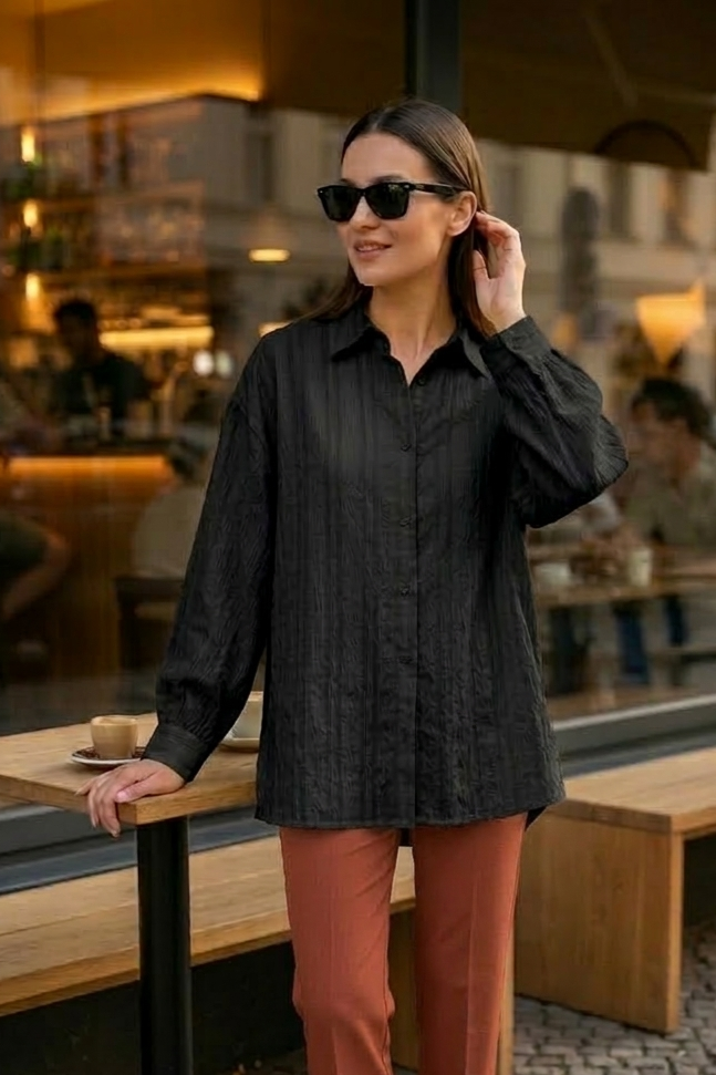 Kendinden Çizgili Basic Gömlek 260513 - Siyah