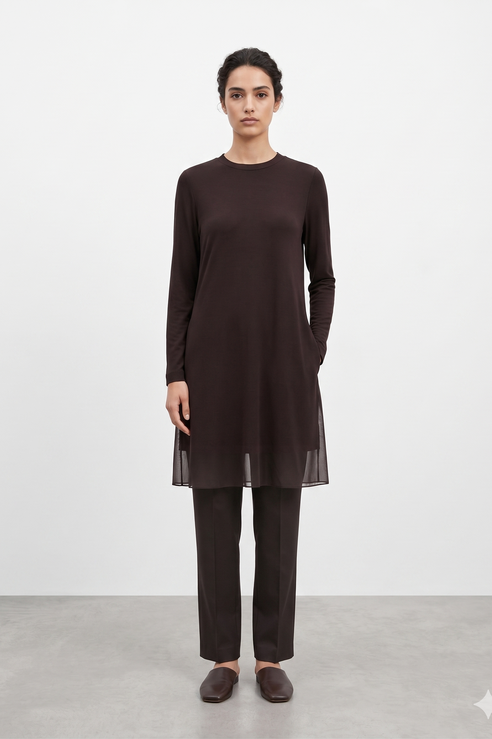 Ön Şifon Detay Uzun Kollu İçlik Tunik 10269 - Browni