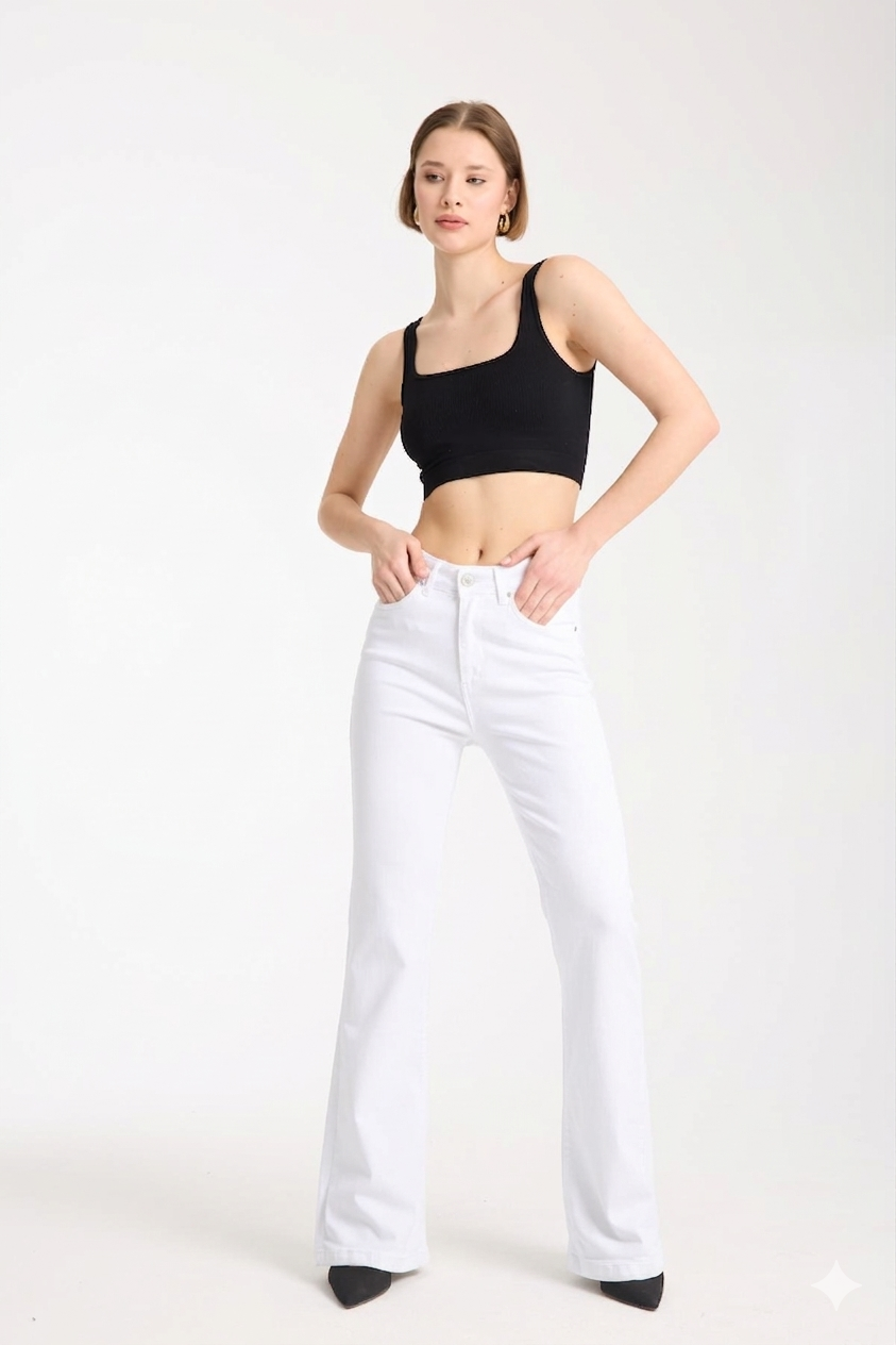 İspanyol Paça Kot Pantolon 4000-D - Beyaz