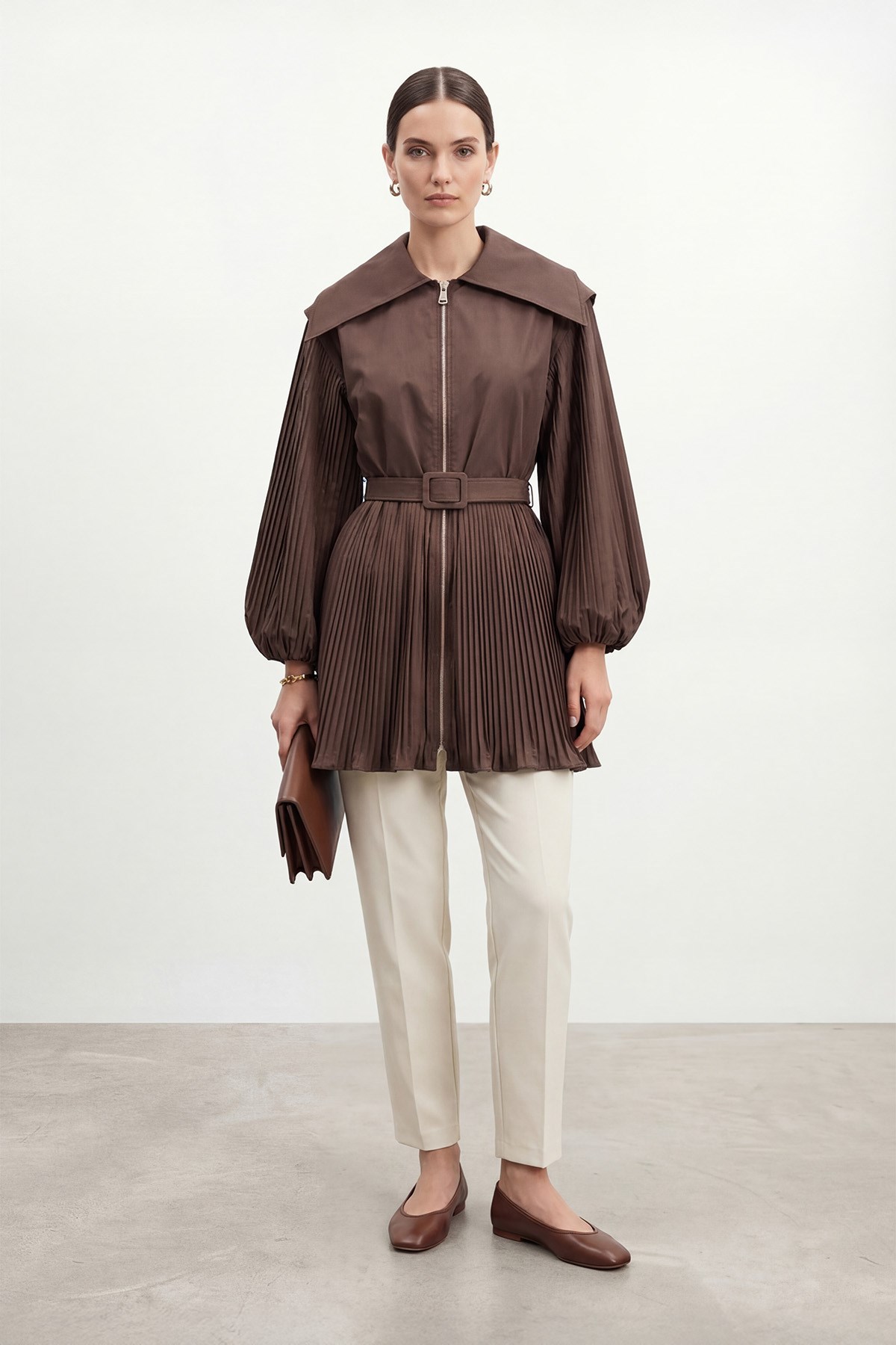 Plise Detay Kemerli Kap 20774 - Browni