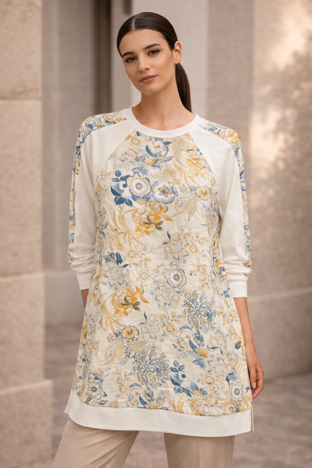 Fuat Gürşen 5335-1 Kendenden Jakar Baskılı Tunik - Bej