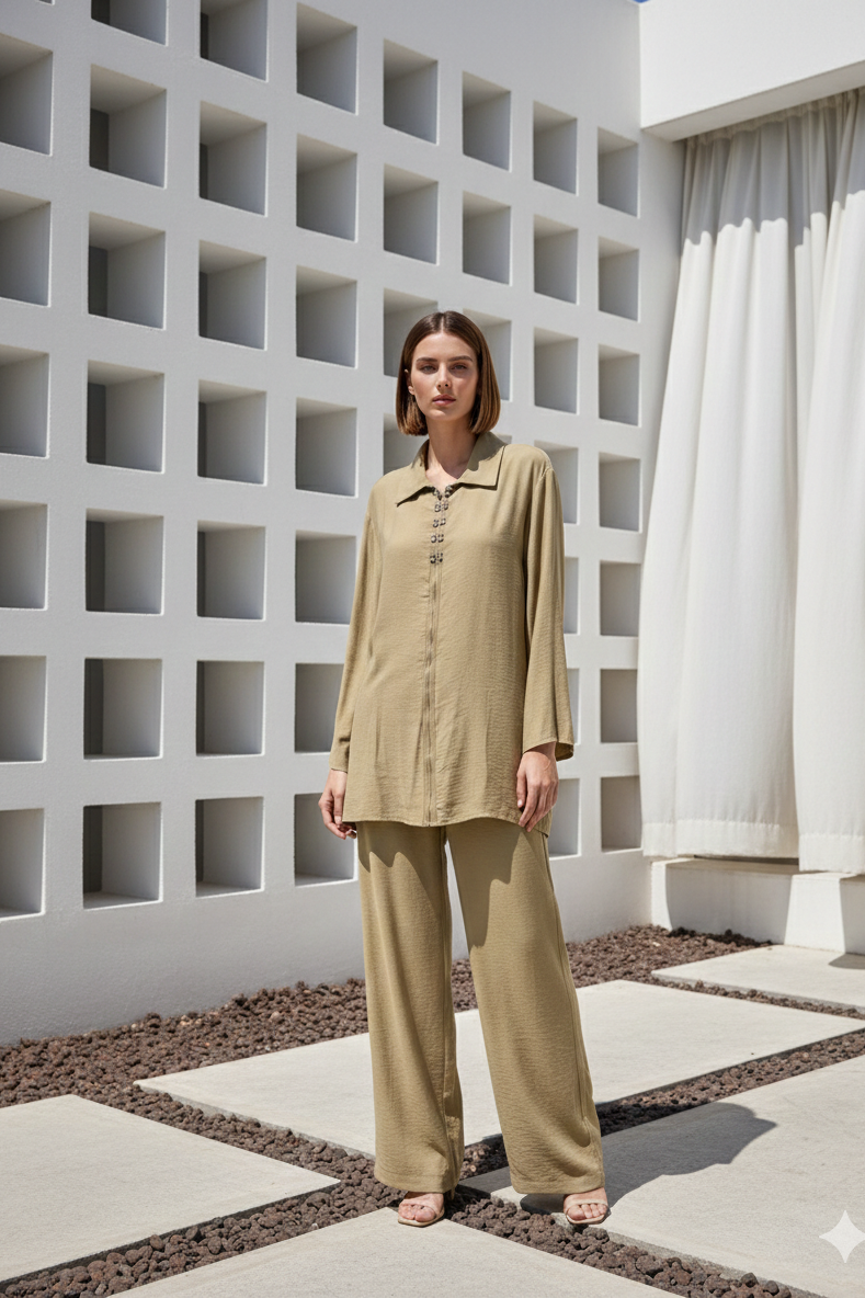Fermuarı Taş Detaylı Pantolonlu Takım 14446 - Olive