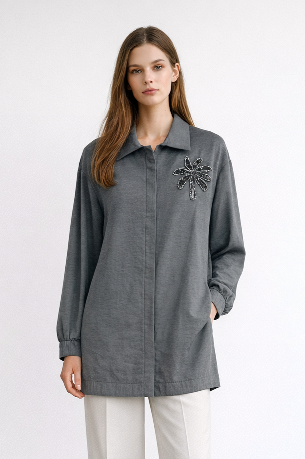 Armine Trend 26YT405 Yaka Palmiye Taş İşlemeli Tunik - Antrasit