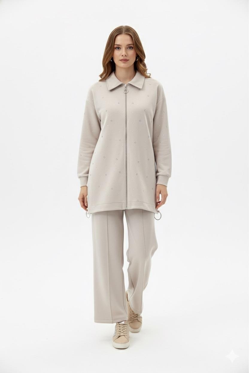 Kuşgözü ve Taş Baskılı Pantolonlu Takım 3051 - Taş