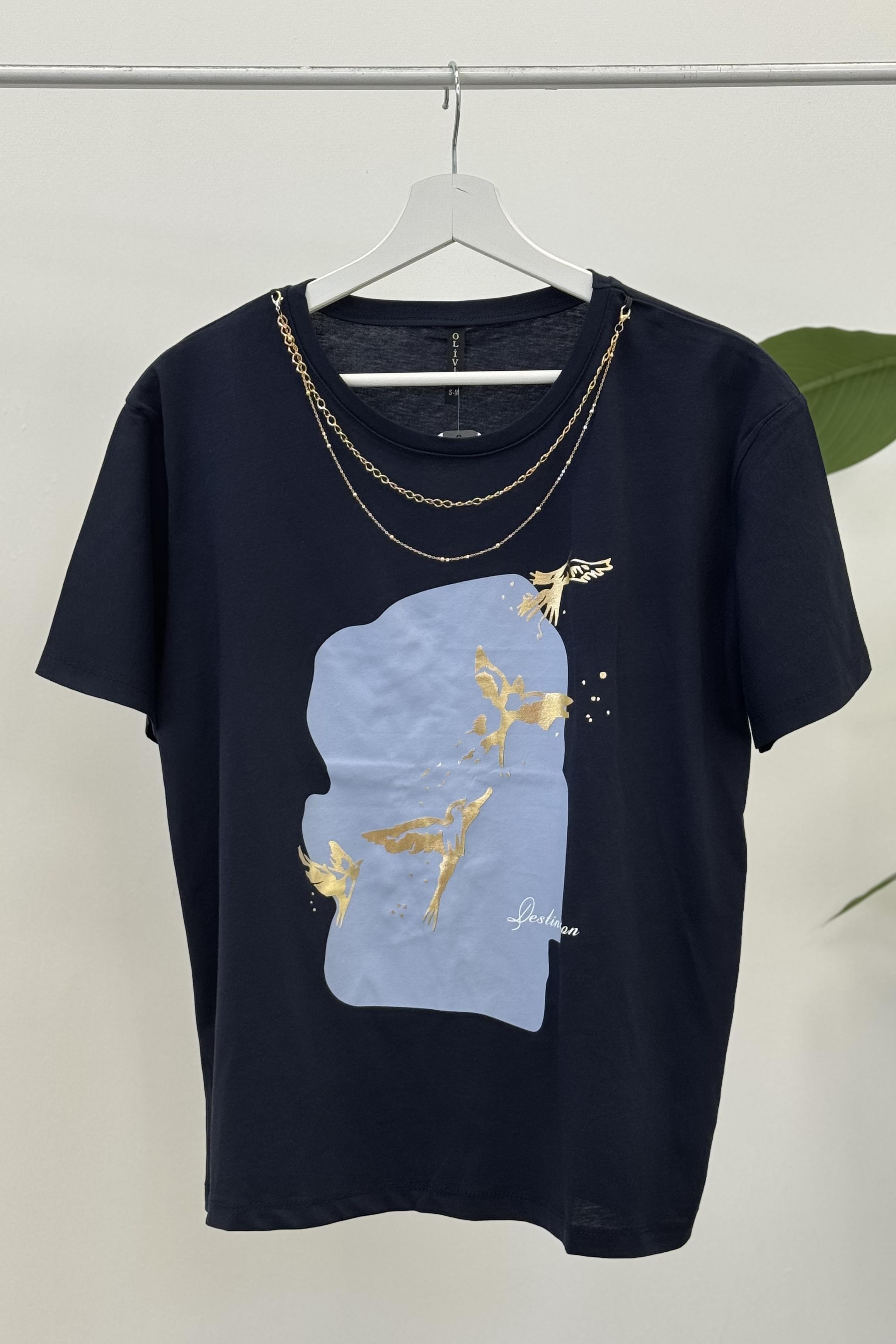 Kolyeli Kuş Detaylı Tshirt 3010 - Lacivert