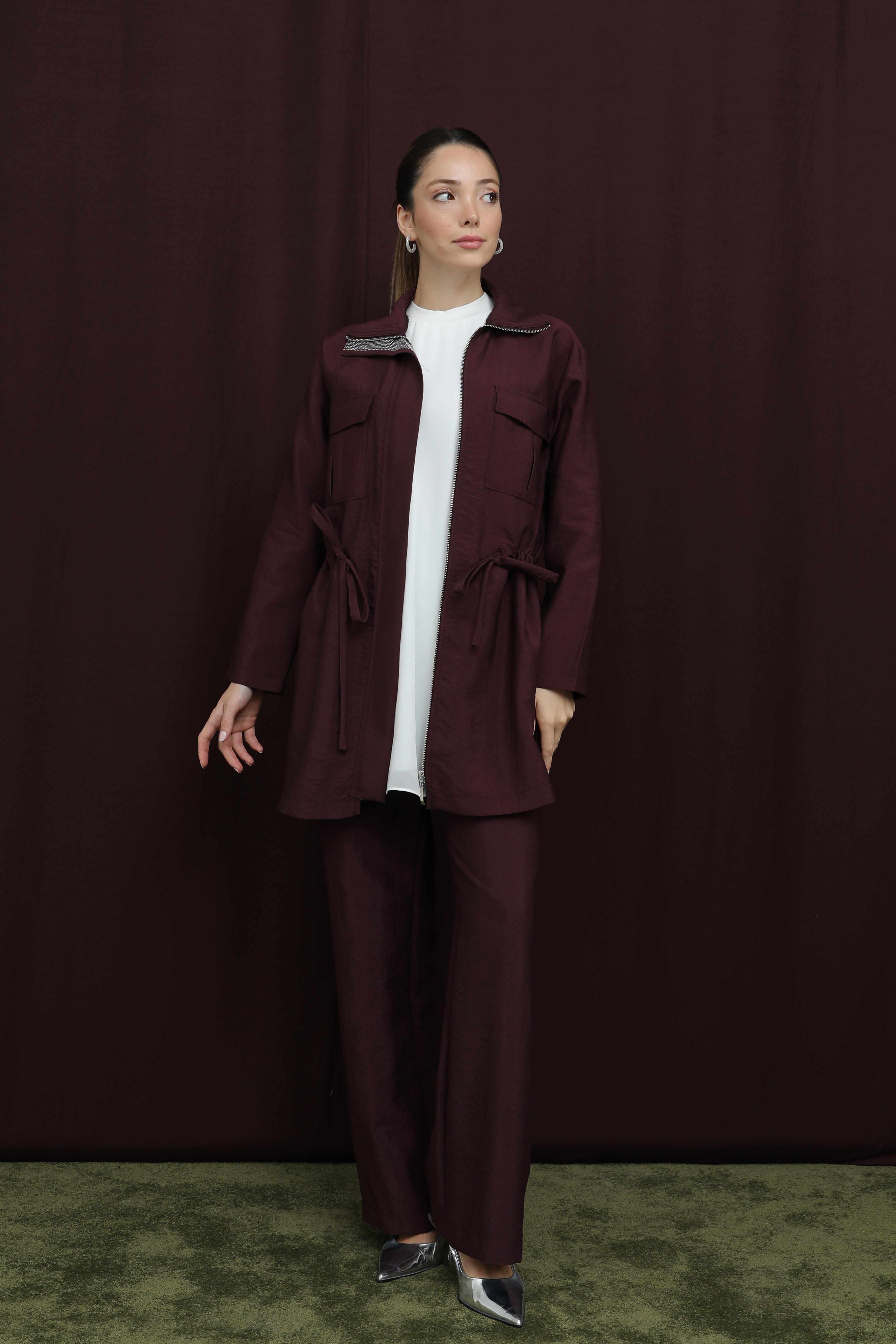 Yakası Taş Baskılı Pantolonlu Takım 14381 - Burgundy
