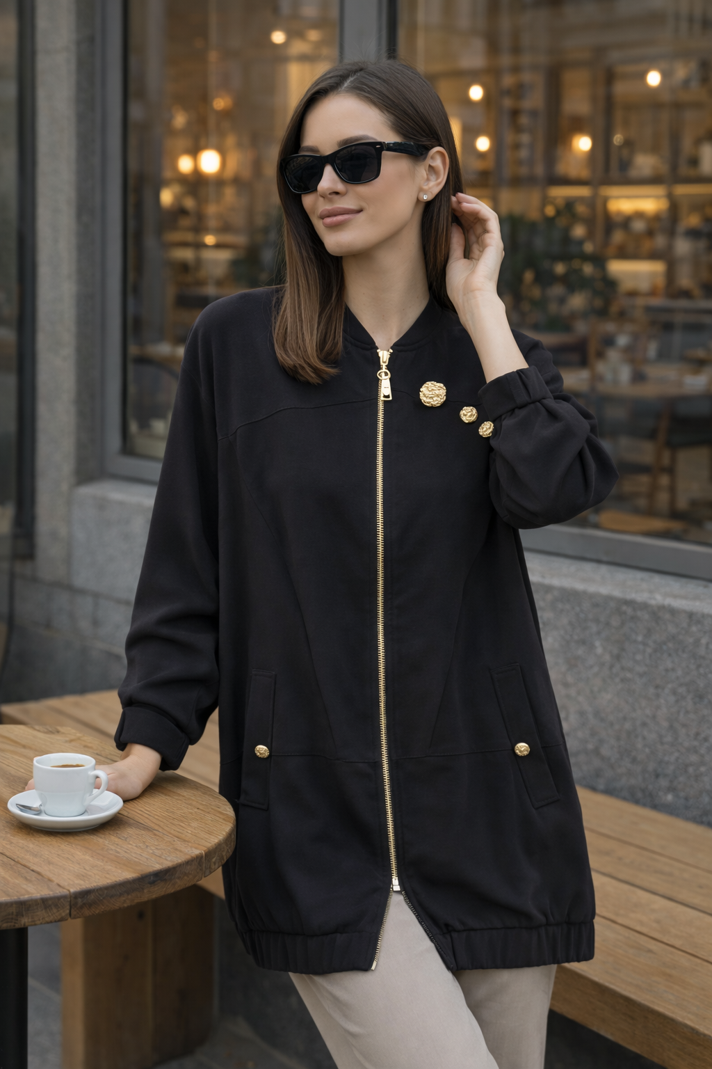 Üç Düğme Detay Fermuarlı Kap 1524 - Siyah