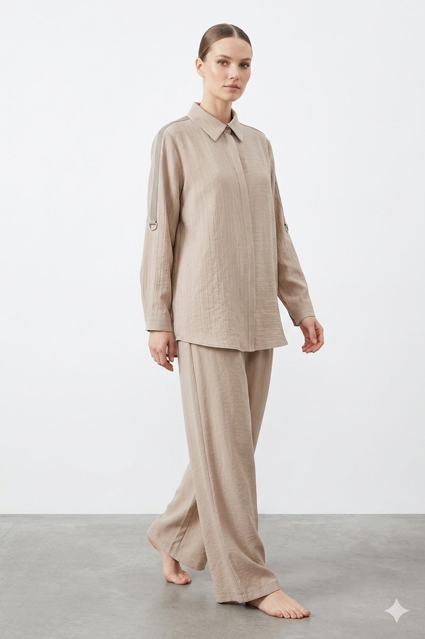 Nuss 1055 Kendinden Çizgili Pantolonlu Takım - Kum