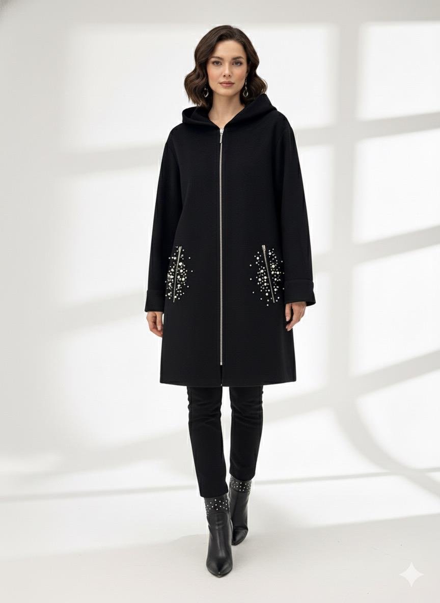 Jupe 9287 Cepleri Taş İşlemeli Kaban - Siyah