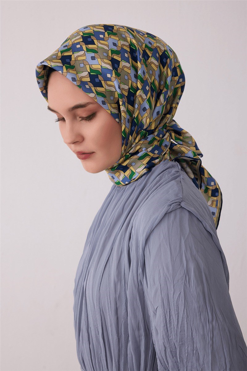 Belli 4402 Prizma Kafes Geometrik %100 Twill İpek Eşarp - Lacivert Eşarp BELLI 
