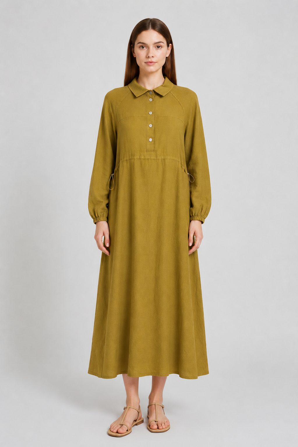 Reglan Kollu Beli Tünelli Elbise 0036450 - Hardal