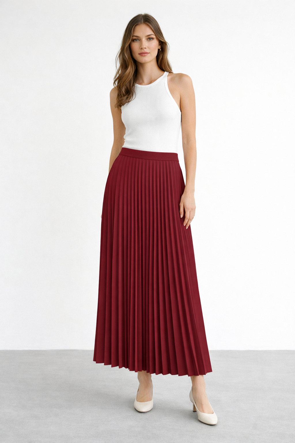 Beli Lastikli Pliseli Etek 3015 - Bordo