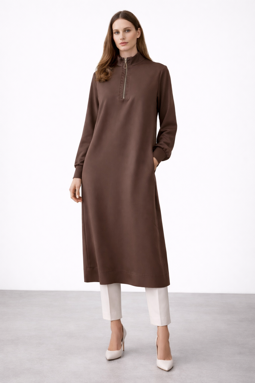 Armine Trend 26YT445 Yarım Fermuar Detay Tunik - Kahverengi