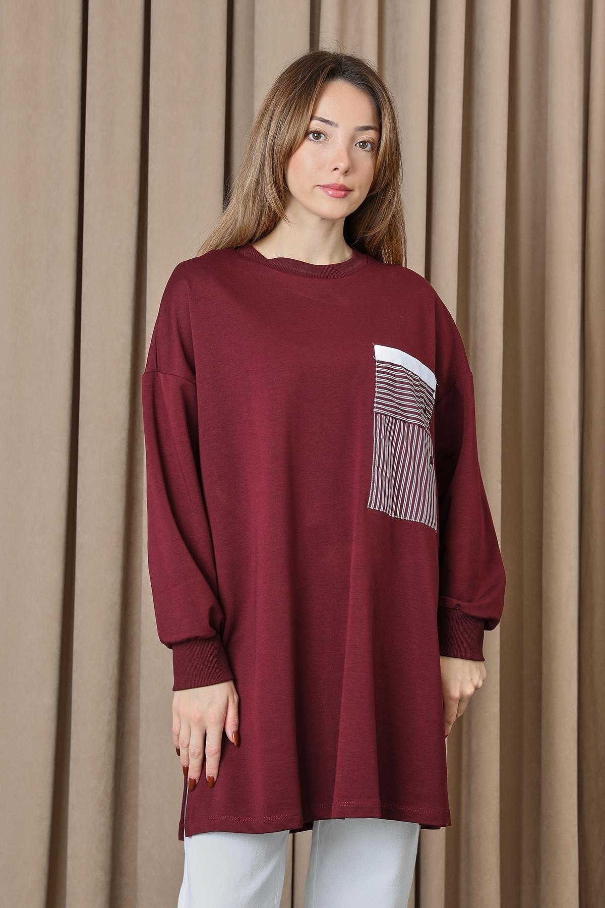Cebi Çizgili Gömlek Detay Tunik 10719 - Burgundy