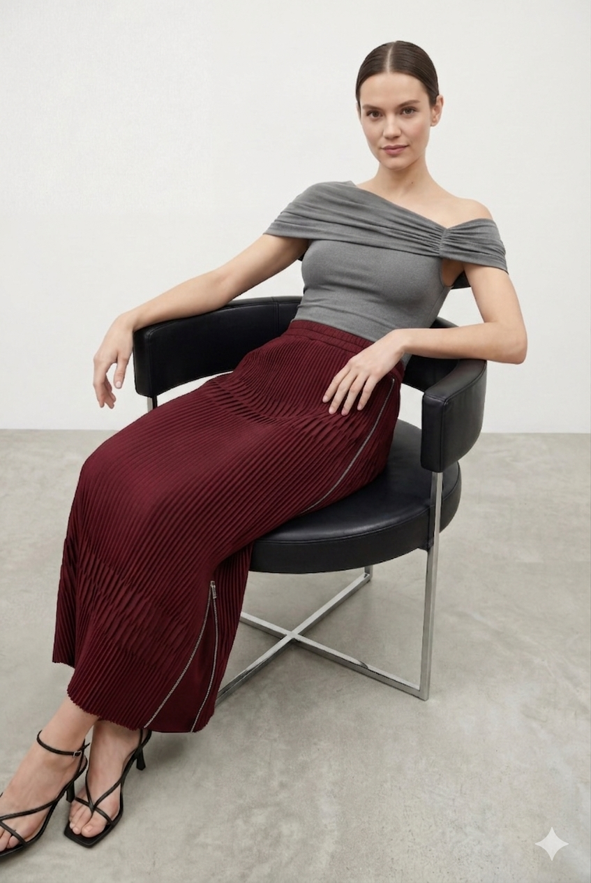 Bir Yanı Fermuarlı Etek 1452 - Vişne