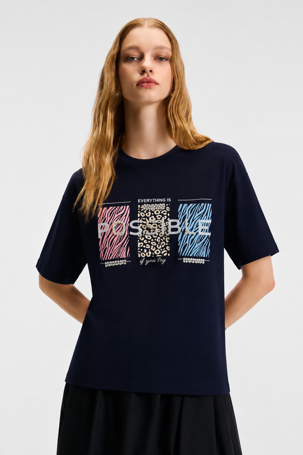 Possbile Yazısı Taş İşlemeli Tshirt 3055 - Lacivert