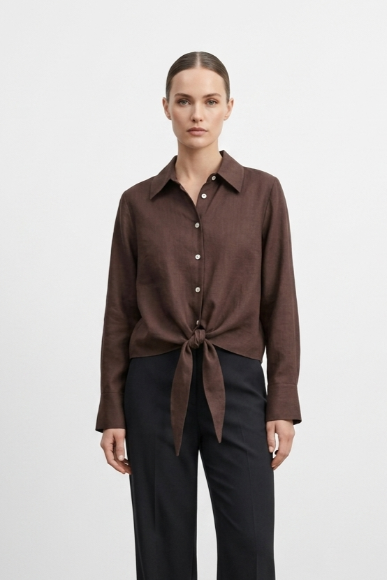 Ceremony 26Y136 Önden Bağlamali Kısa Nil Gömlek - Kahverengi