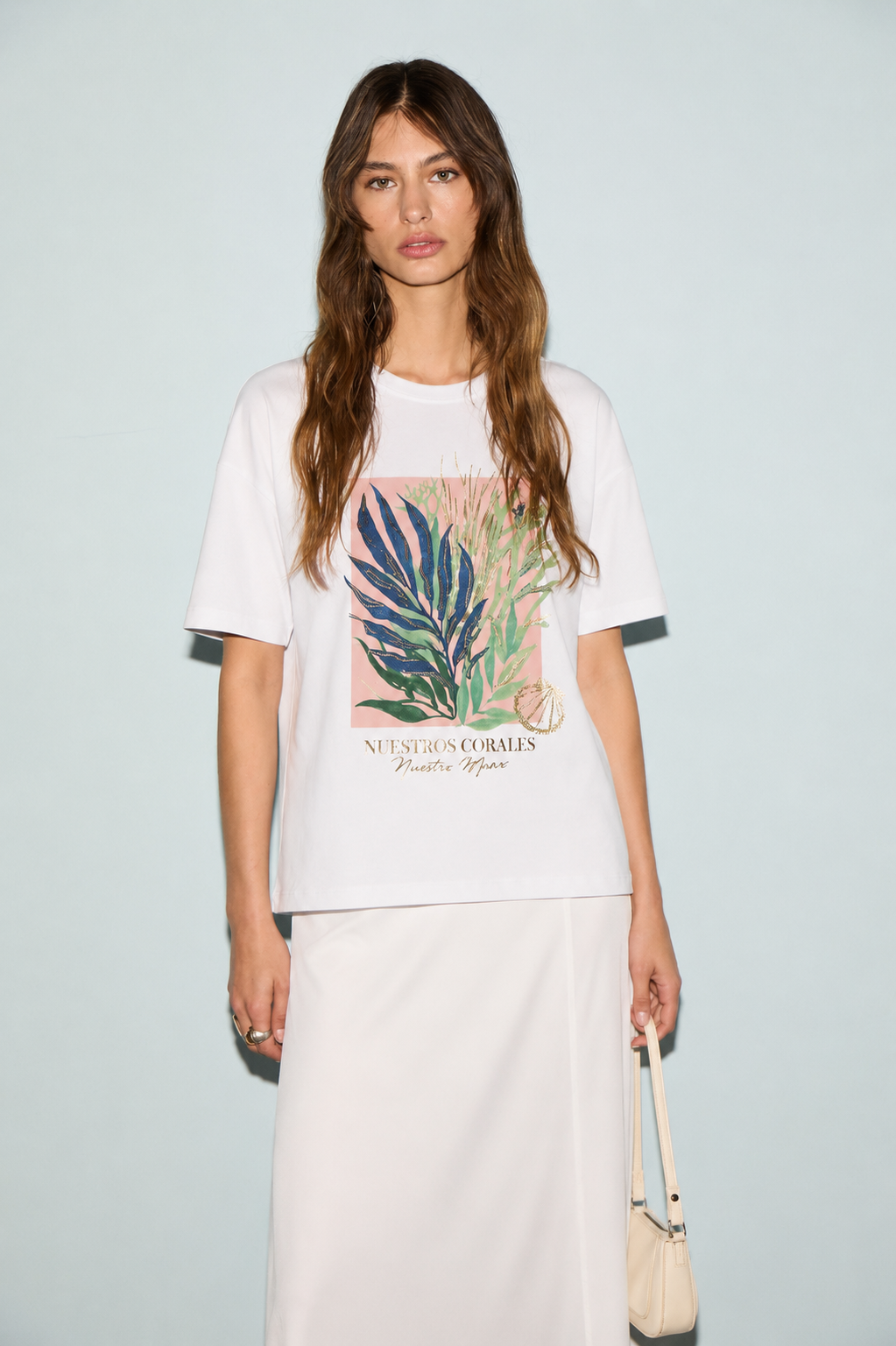 Yaprakları Payet İşlemeli Tshirt 3005 - Beyaz