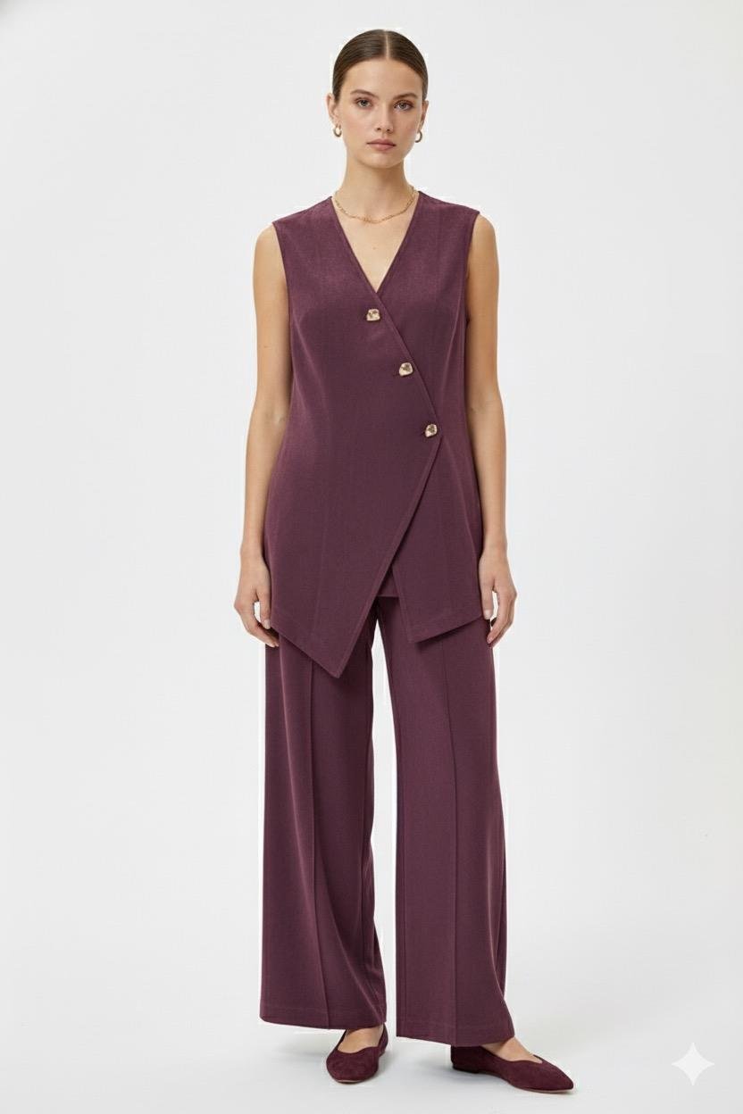 Asimetrik Gold Düğmeli Yelekli Takım 0035176 - Bordo