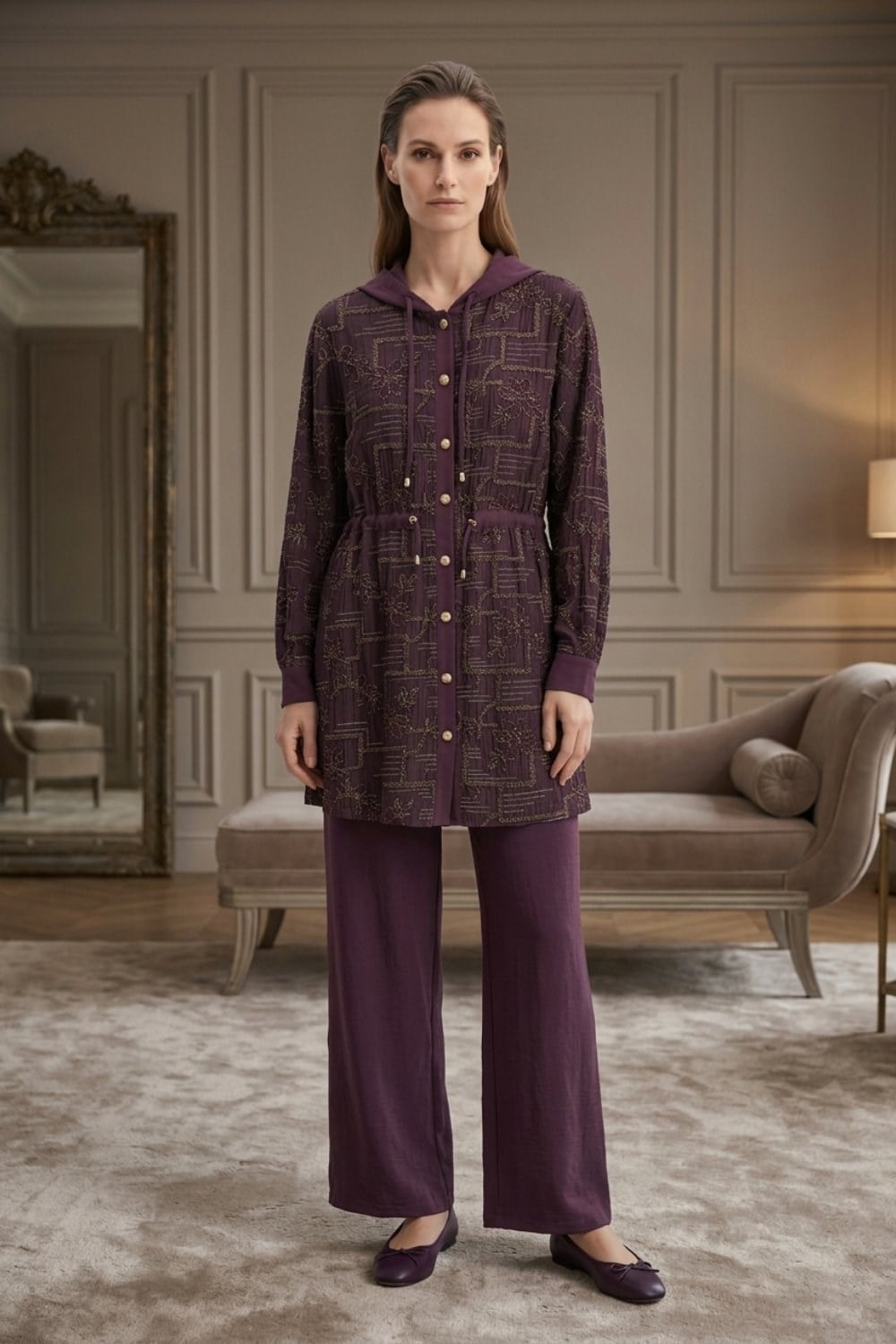 Çiçek Güpür Detay Pantolonlu Takım 1597 - Bordo