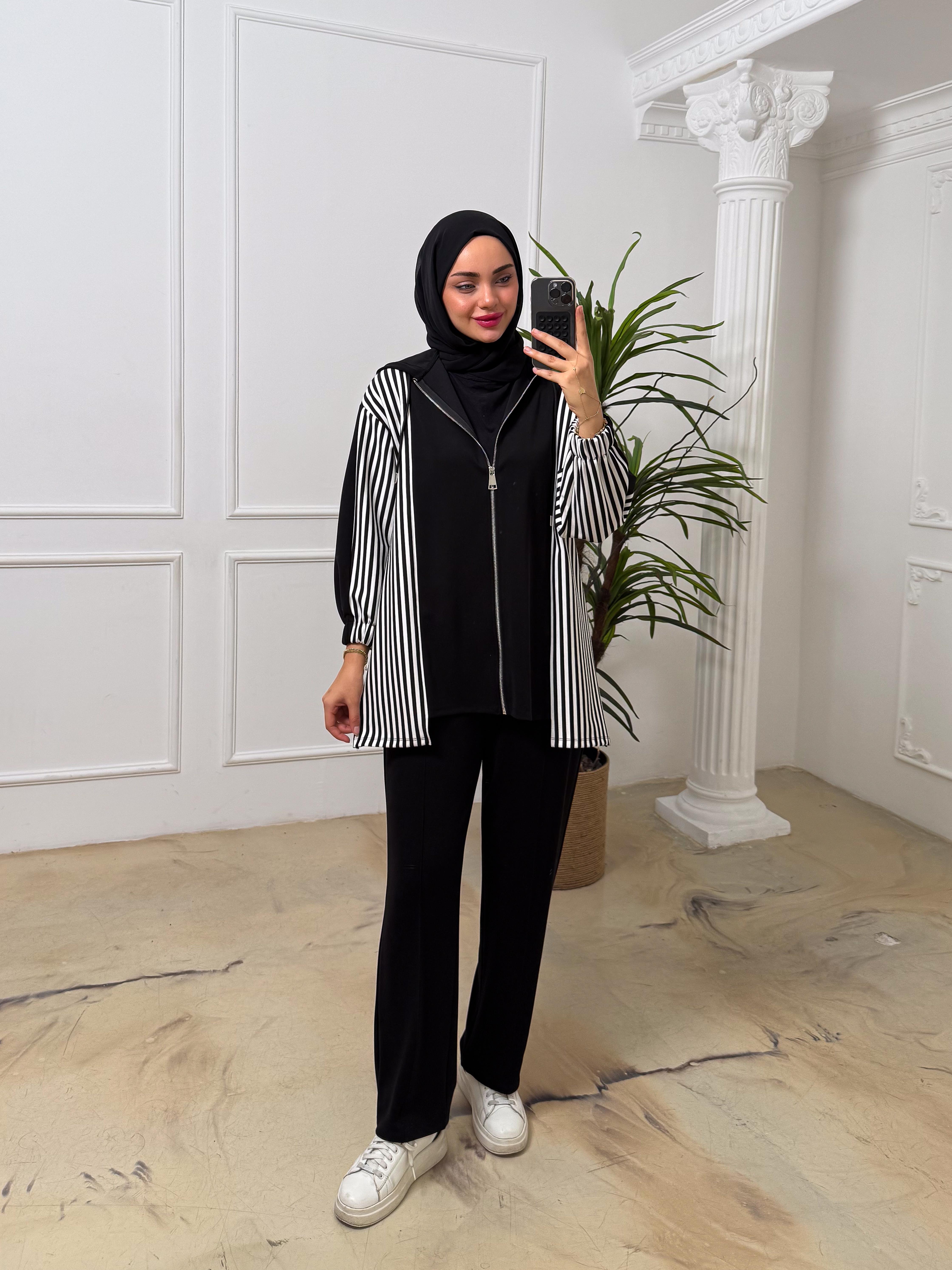 Ahi 11133 Yanları Çizgi Detay Ön Fermuarlı Takım - Siyah