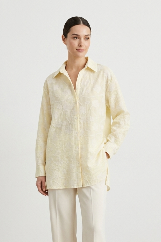 Çiçek Nakış Desenli Gömlek Tunik 260142 - Sarı