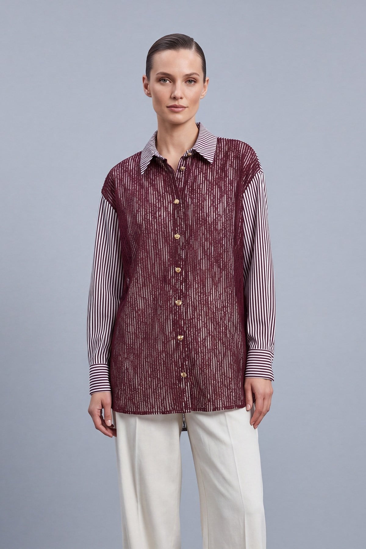 Çizgili Dantel Detaylı Tunik 10787 Burgundy Tunik PUANE 