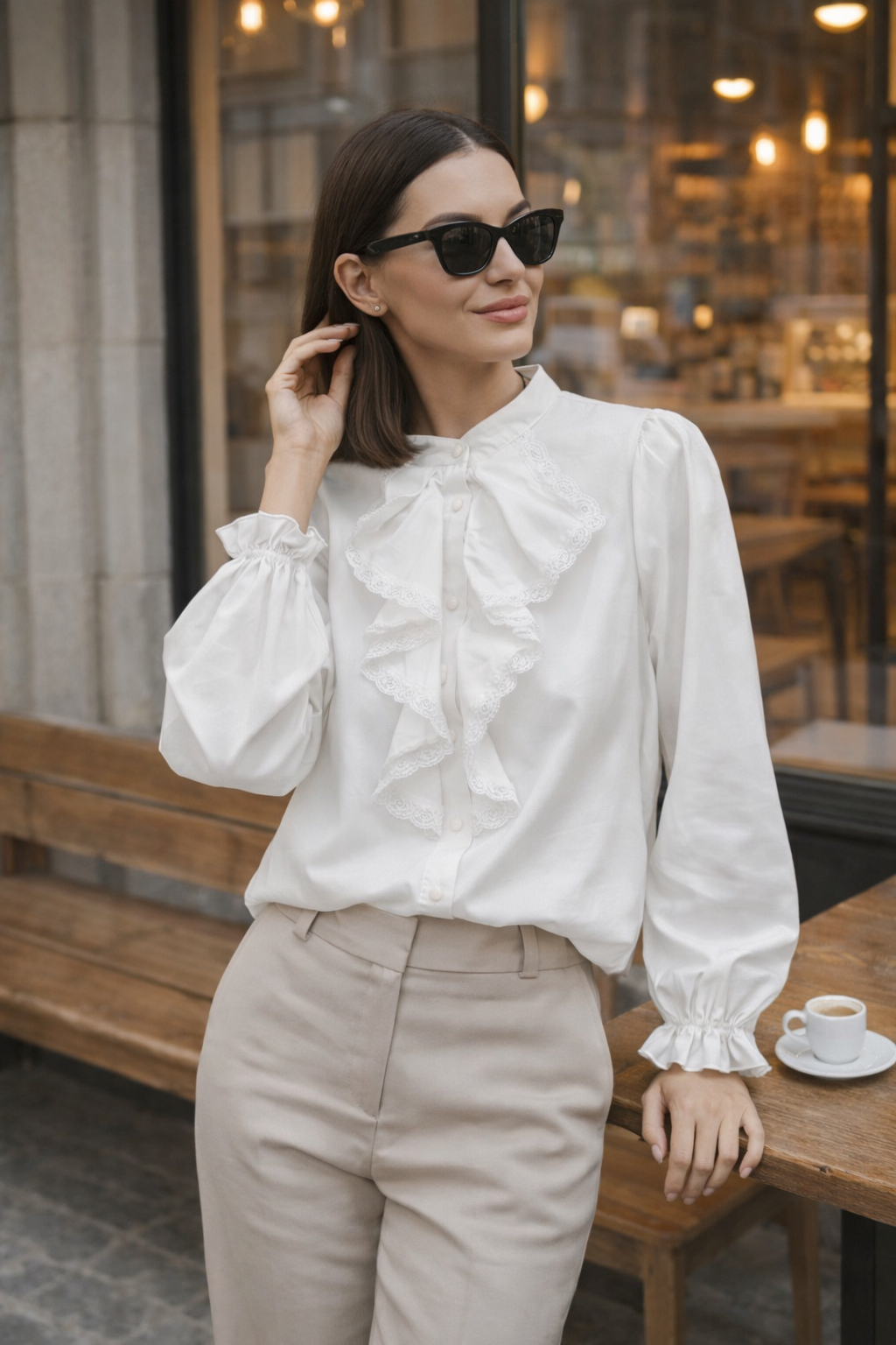 Fırfır Yaka Dantel Detaylı Bluz 260133 - Ekru