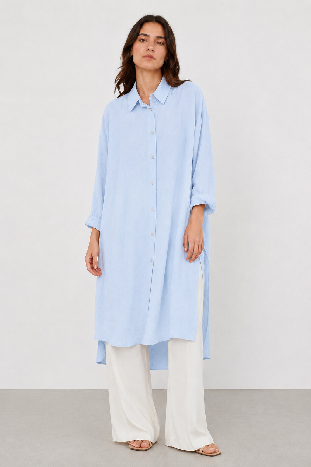 Düğmeli Uzun Tunik 0036471 - Mavi