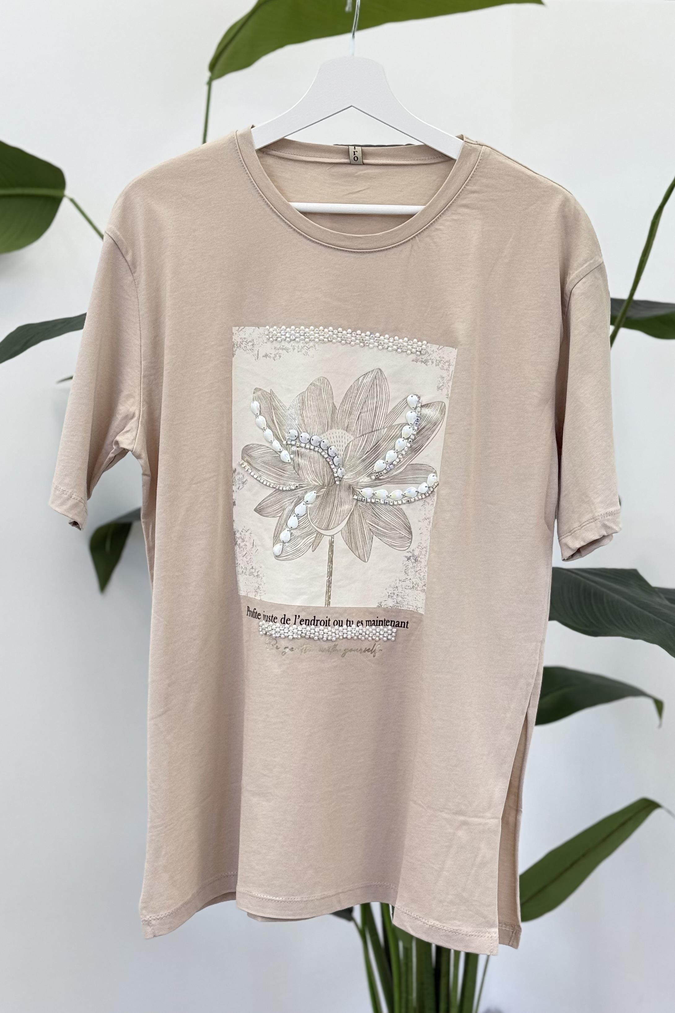 Çiçek Elişi Detaylı Tshirt 3072 - Bej
