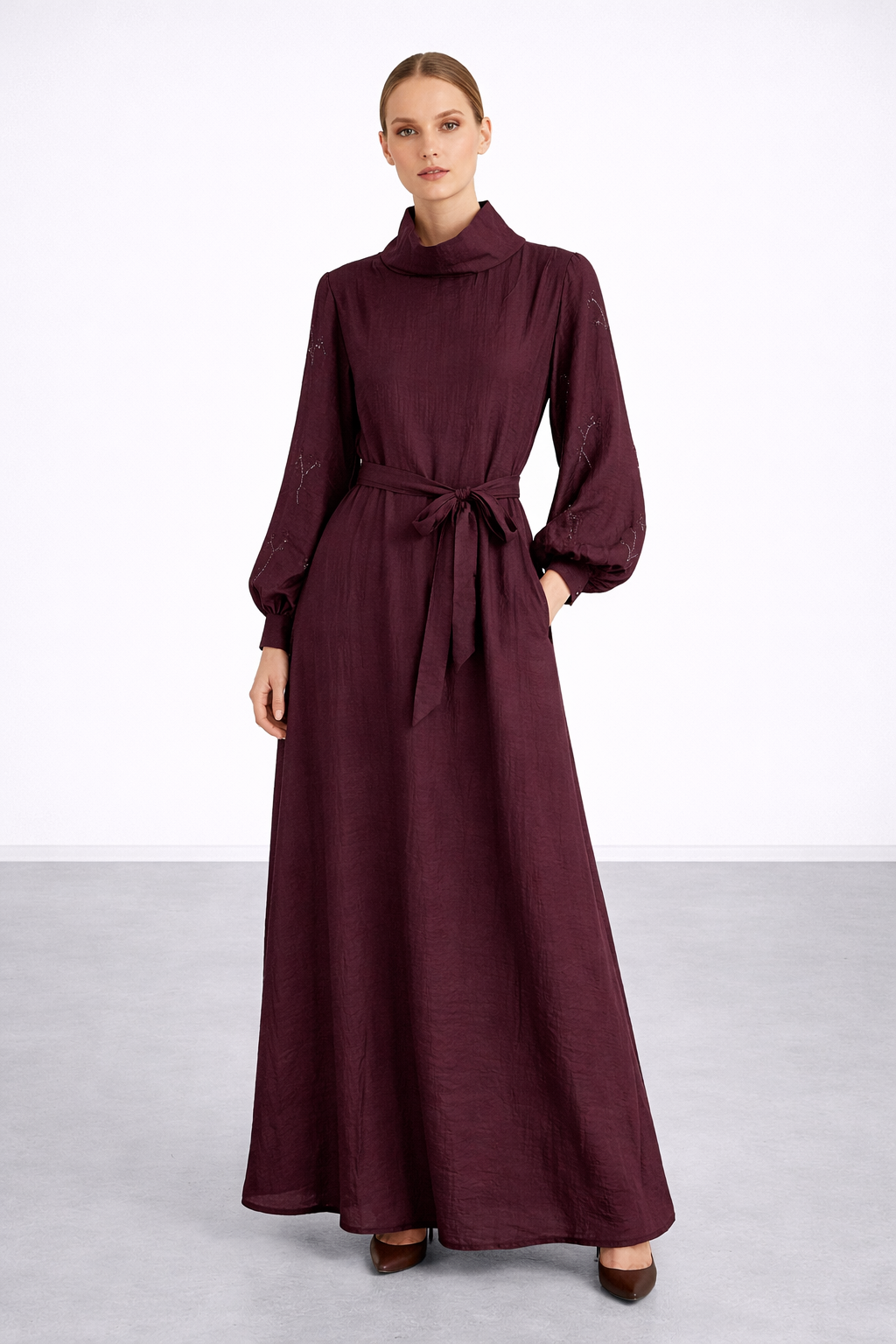 Bel Kemerli Elbise 7277 - Bordo