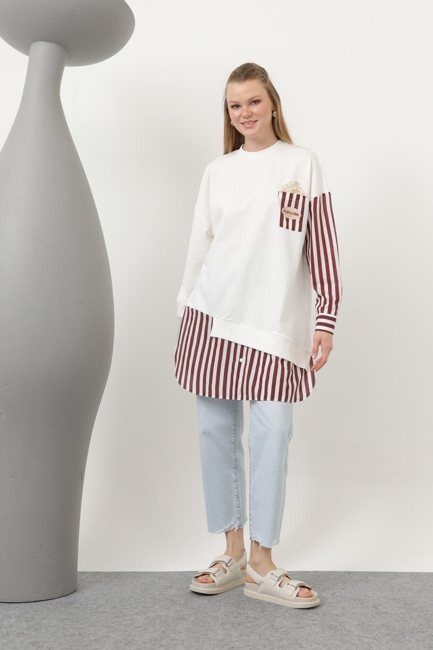 Cebi Popcorn Baskılı Çizgili Tunik 10651 - Bordo