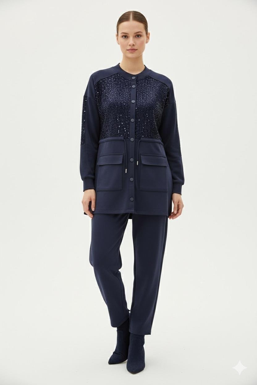 Ahi 11143 Payet Detay Pantolonlu Takım - Lacivert