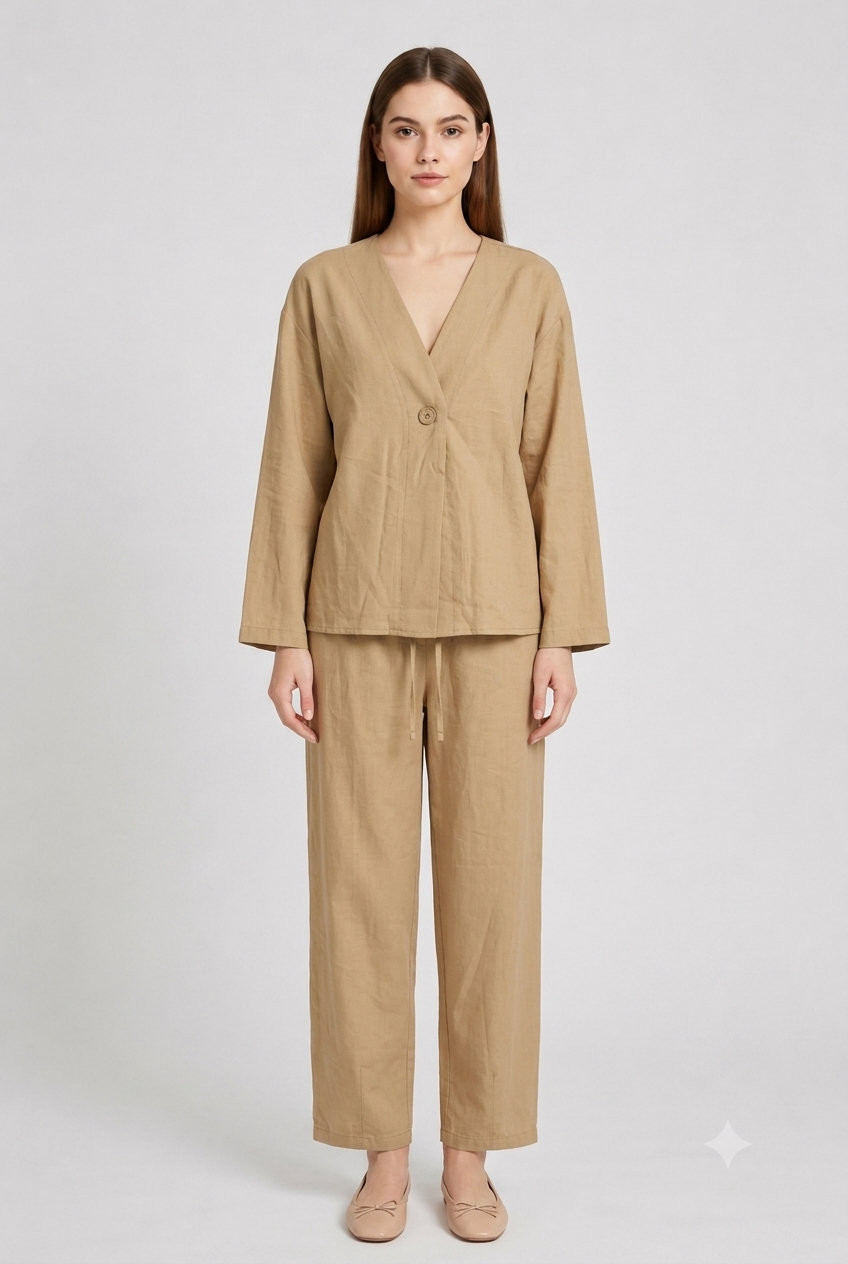 Düğmeli Kimono Detaylı Pantolonlu Takım 32538 - Camel