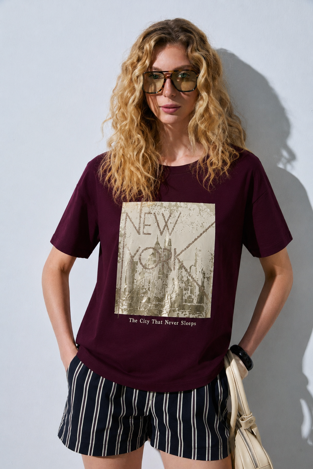 New York Baskılı Tshirt 2692 - Bordo