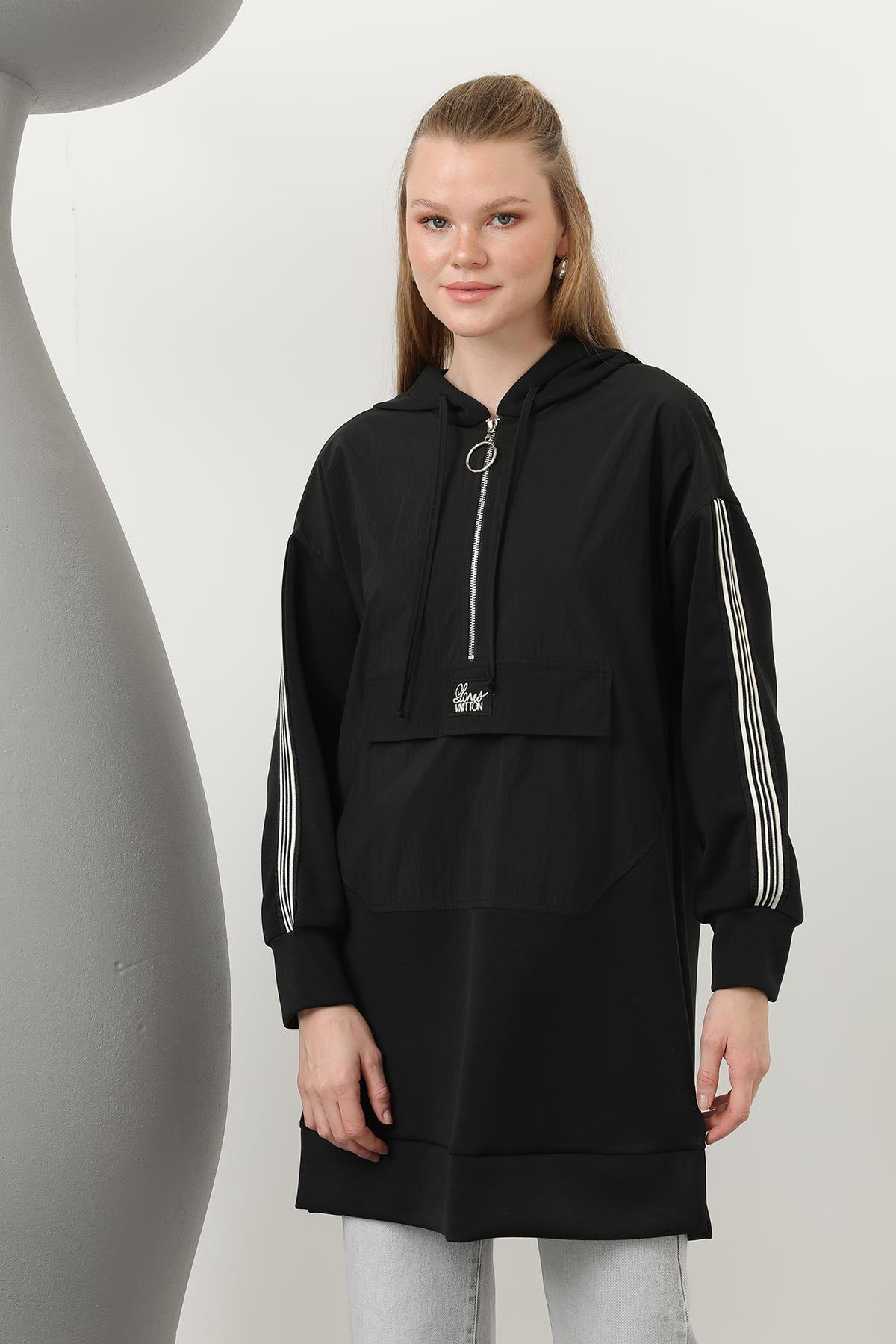 Yarım Fermuar Detay Kapişonlu Tunik 10610 - Siyah