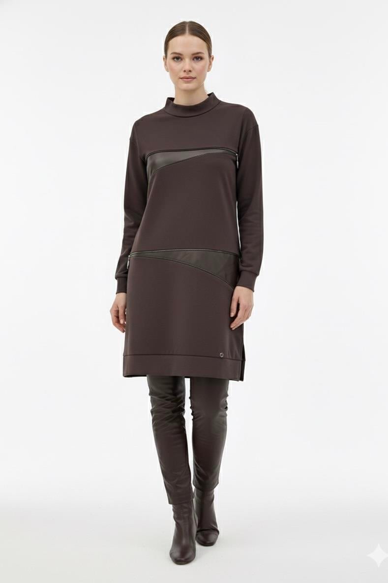 Armine Trend 25KT452 Deri ve Fermuar Detay Tunik - Kahve