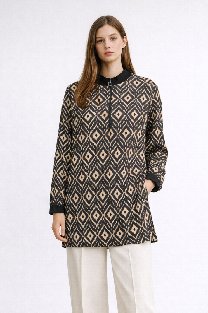 Armine Trend 26YT473 Yarım Fermuar Detay Desenli Tunik - Kahverengi