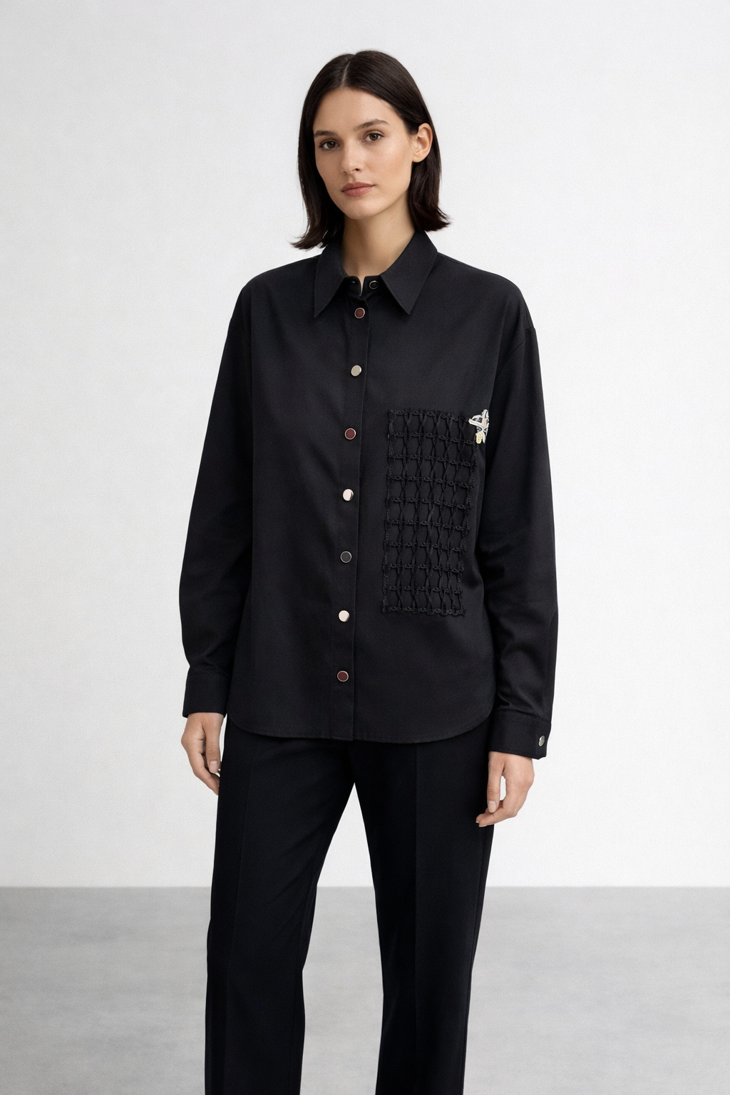 Ceremony 26Y113 Önden Çıtçıtlı File Baski Detaylı Gömlek - Siyah