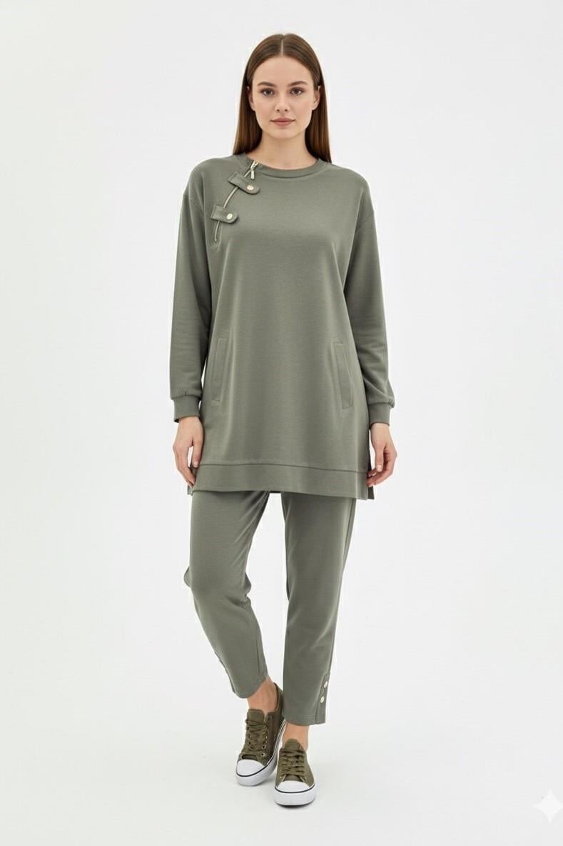 Yaka Fermuar Detay Pantolonlu Takım 14406 - Koyu Haki