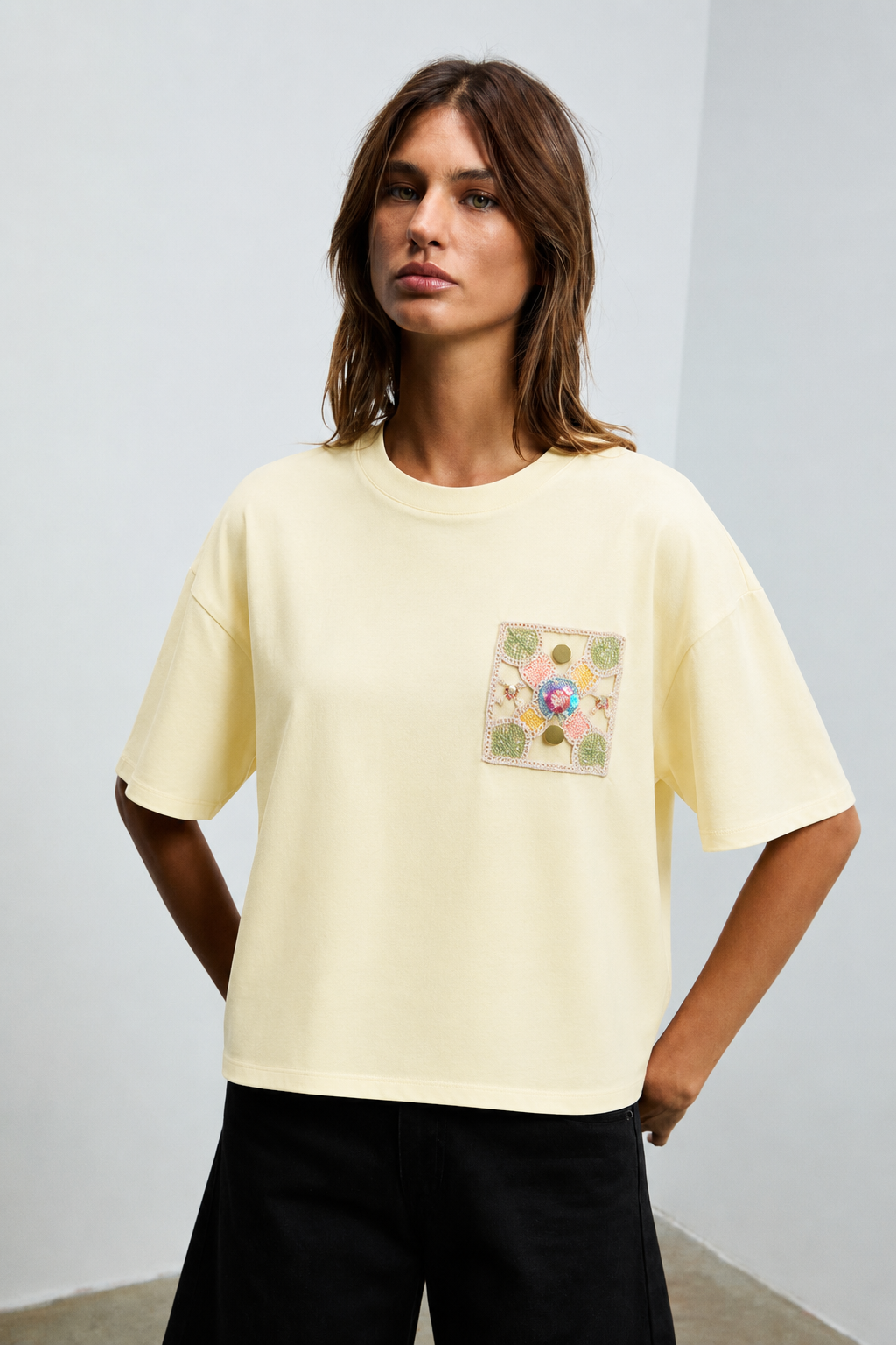 Etnik Dantel İşlemeli Tshirt 4027 - Sarı